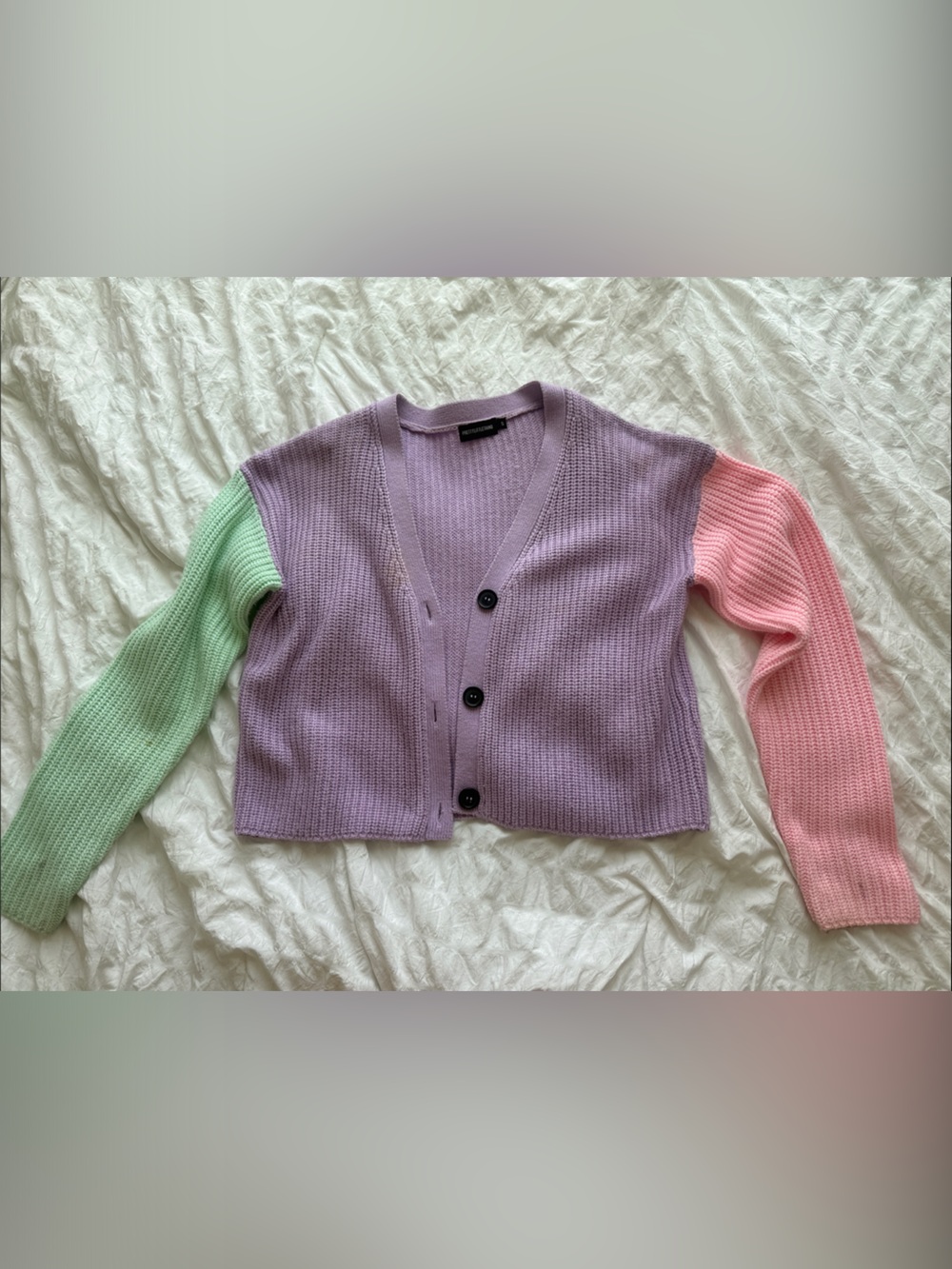 PrettyLittleThing Lavender Body Colorblock Cardigan with Mint and Pink Sleeves